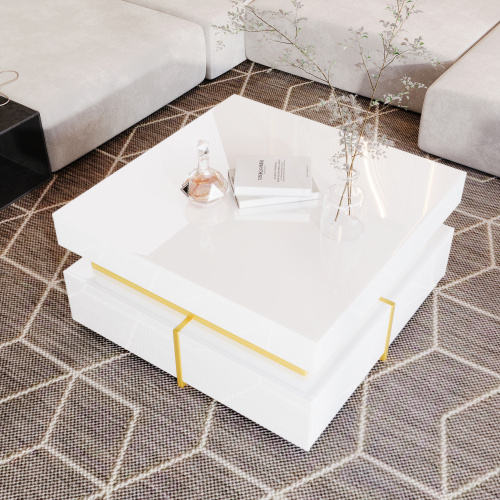 Coffee Table, High-Gloss Living Room Table, Side Table With Drawers And Gold Accents - Image 2