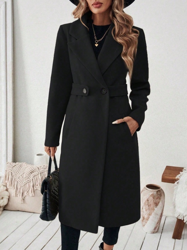 Womens Solid-color Wool Coat With A Lapel And Double-breasted Design - Image 10