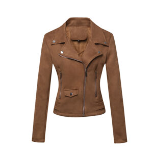 Womens Leather Jacket Short Style Slim-Fit Suede Velvet Leather Jacket For Commuting
