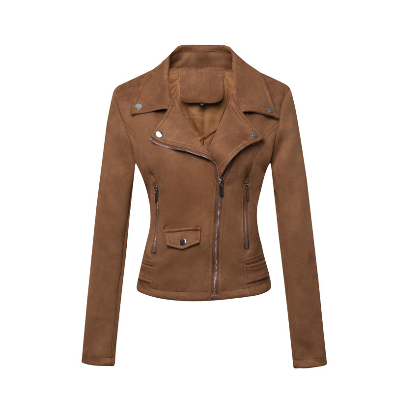 Womens Leather Jacket Short Style Slim-Fit Suede Velvet Leather Jacket For Commuting