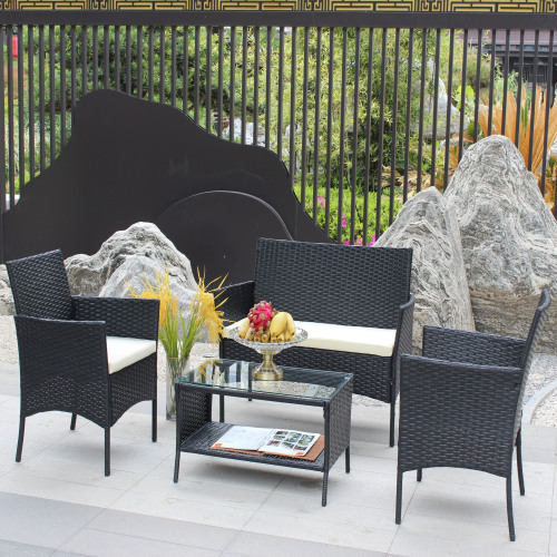 4 PC Rattan Patio Furniture Set Outdoor Patio Cushioned Seat Wicker Sofa Beige Cushion - Image 4