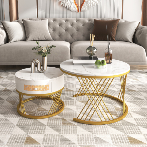 2 In 1 Round Coffee Table Made Of MDF With Marble Grain Veneer Top, Rattan Drawers And Solid Wood Handles. Gold Coloured Iron Legs. 70x70x45.5 50x50x38.5cm - Image 8
