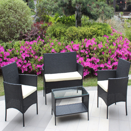 4 PC Rattan Patio Furniture Set Outdoor Patio Cushioned Seat Wicker Sofa Beige Cushion - Image 8
