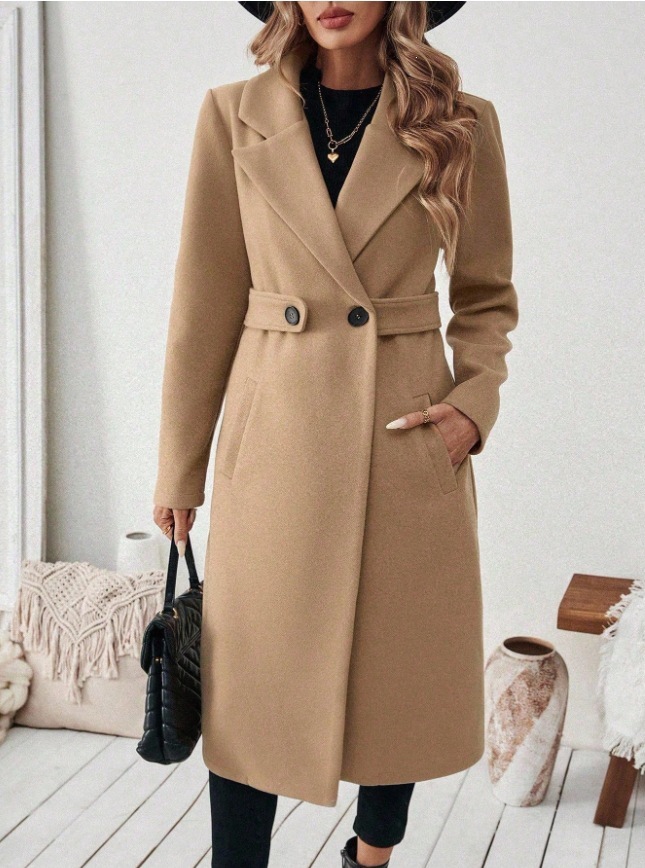 Womens Solid-color Wool Coat With A Lapel And Double-breasted Design - Image 3