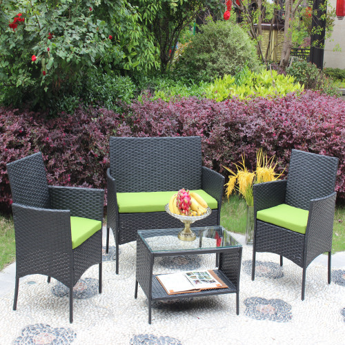 4 PC Rattan Patio Furniture Set Outdoor Patio Cushioned Seat Wicker Sofa Green Cushion - Image 6