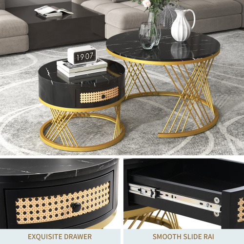 2 In 1 Round Coffee Table Made Of MDF With Marble Grain Veneer Top, Rattan Drawers And Solid Wood Handles. Gold Coloured Iron Legs. 70x70x45.5 50x50x38.5cm - Image 3
