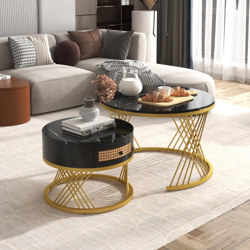 2 In 1 Round Coffee Table Made Of MDF With Marble Grain Veneer Top, Rattan Drawers And Solid Wood Handles. Gold Coloured Iron Legs. 70x70x45.5 50x50x38.5cm - Image 9