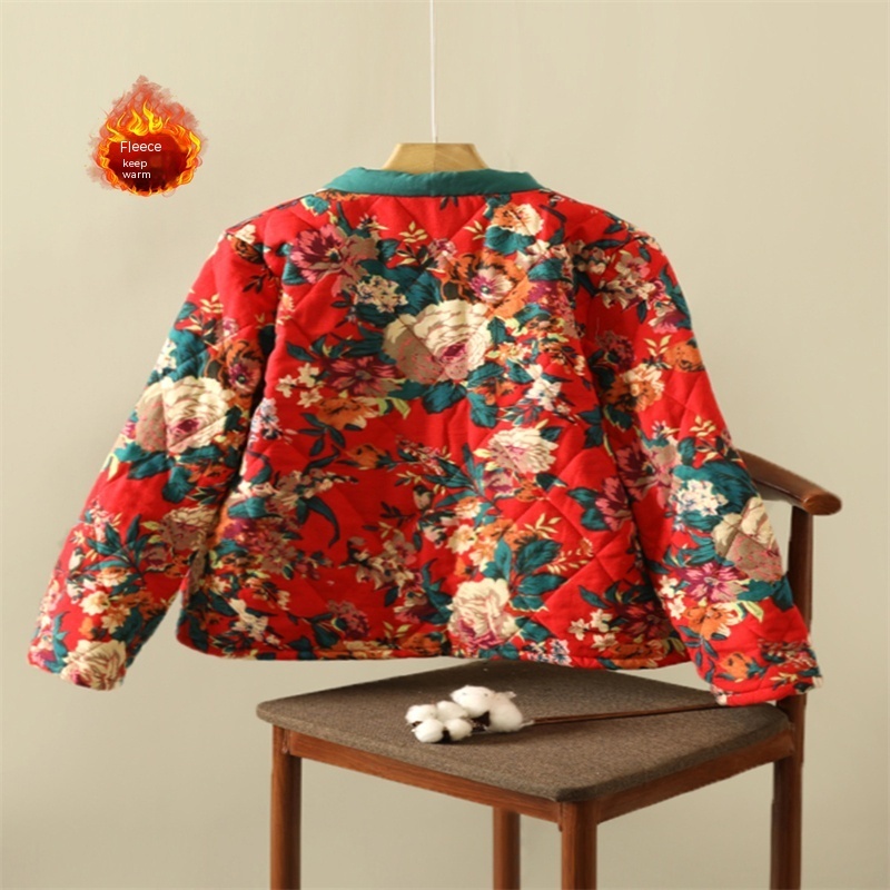 Floral Jacket Ethnic Print Fleece-lined Thickened Cotton-padded Coat Plus Size Women's Clothing - Image 7