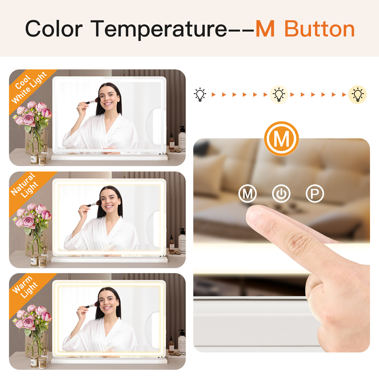 Vanity Mirror With Lights, LED Makeup Mirror With Dimmable 3 Color Modes, Touch Screen Control Vanity Based Mirror Desk Mirror Square White - Image 9