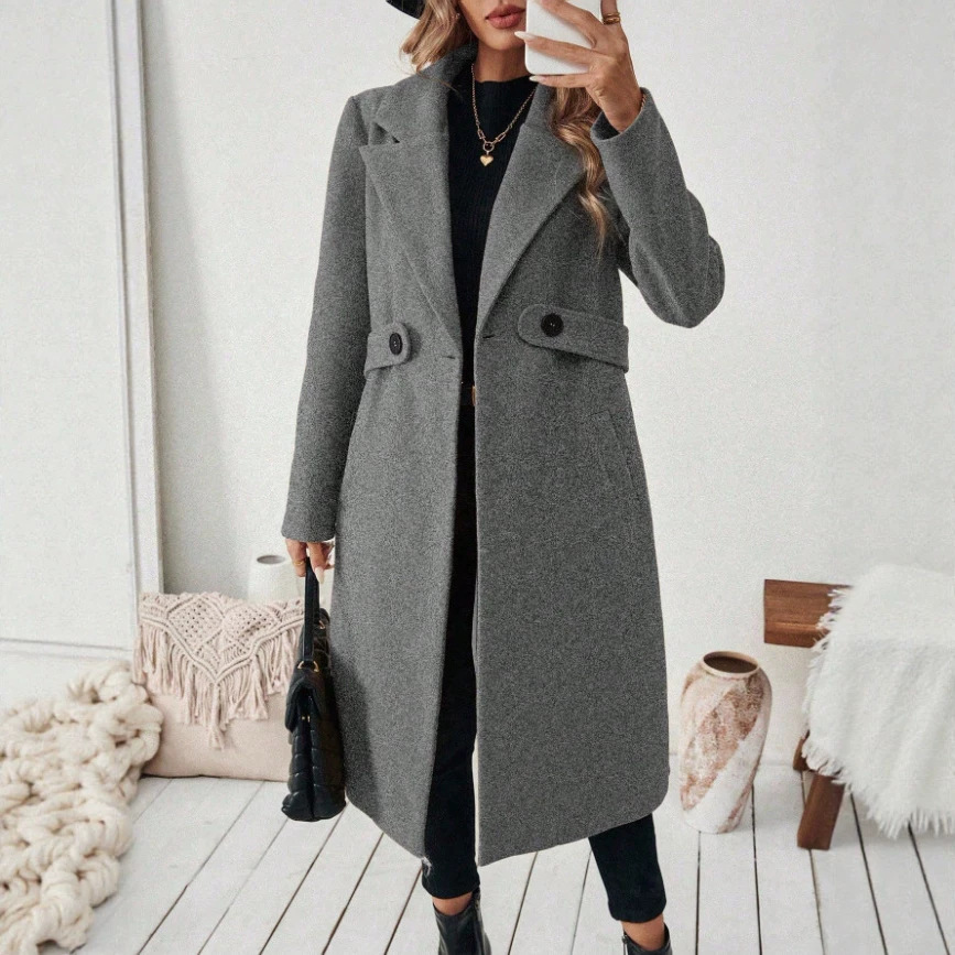Womens Solid-color Wool Coat With A Lapel And Double-breasted Design - Image 6