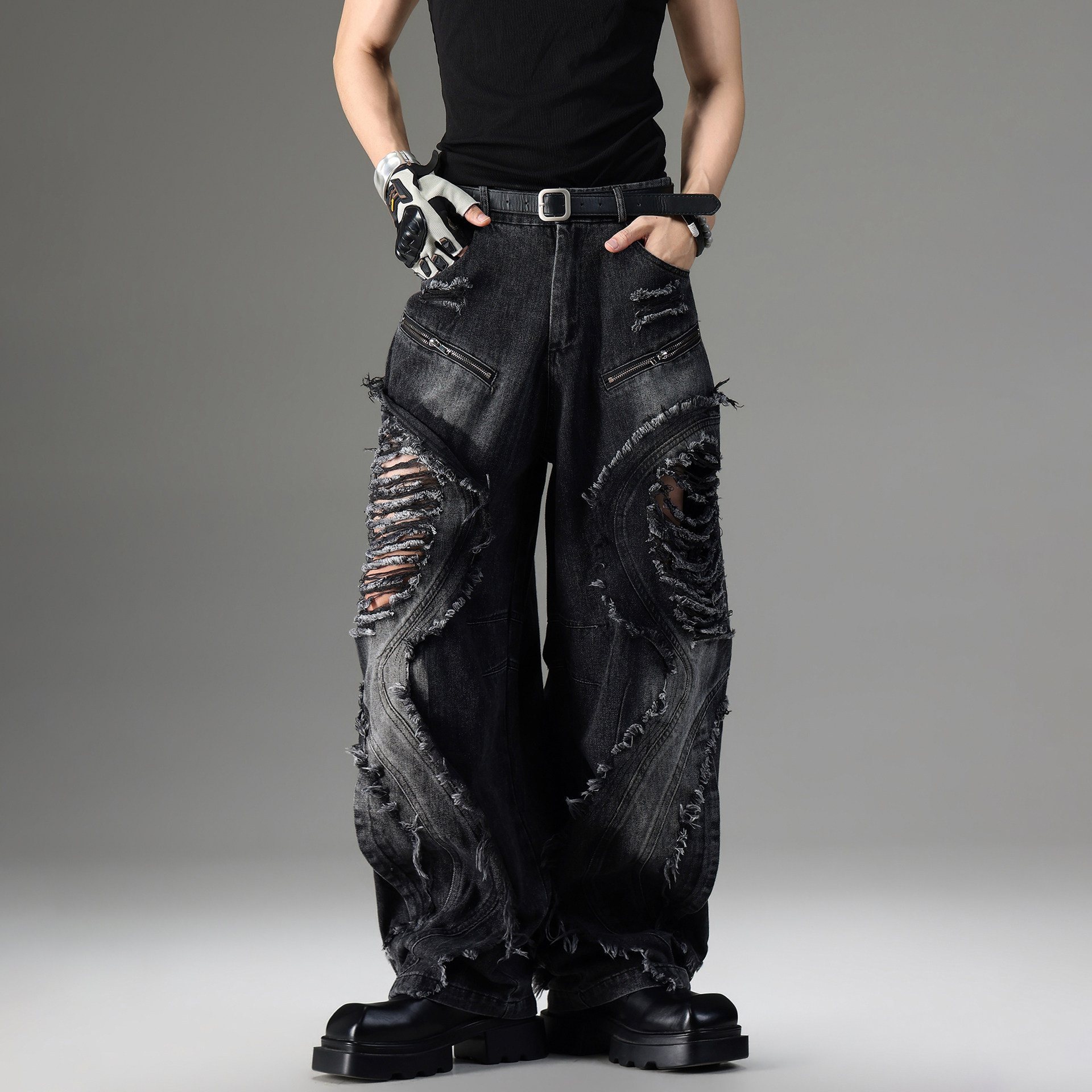 American-style Vintage Deconstructed Distressed Jeans