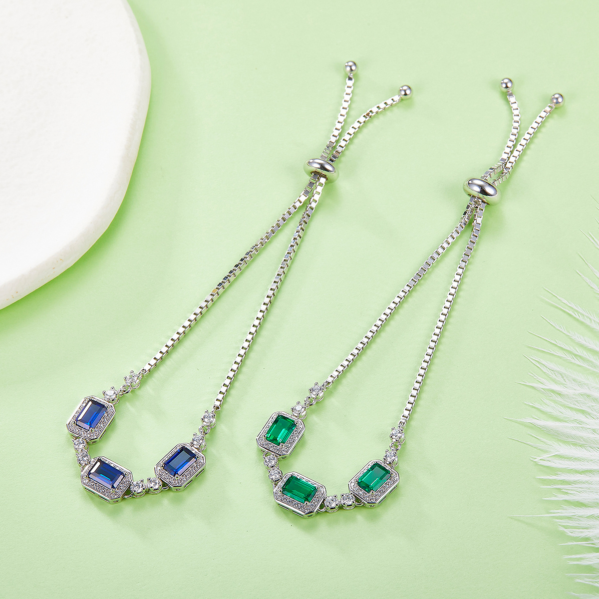 S925 Sterling Silver Adjustable Bolo Bracelet, 6x4mm 3-Stone Lab-Grown Emerald Sapphire Halo, 21cm Platinum Plated 6.2g Women's Jewelry Gift Box - Image 5