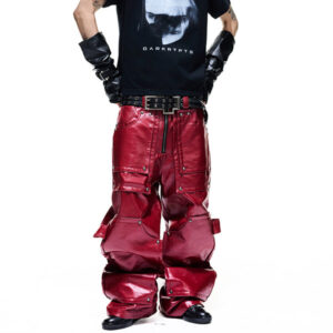 Red Liquid-metal-coated Three-dimensional Tailored Rivet-detailing Lumberjack Pants