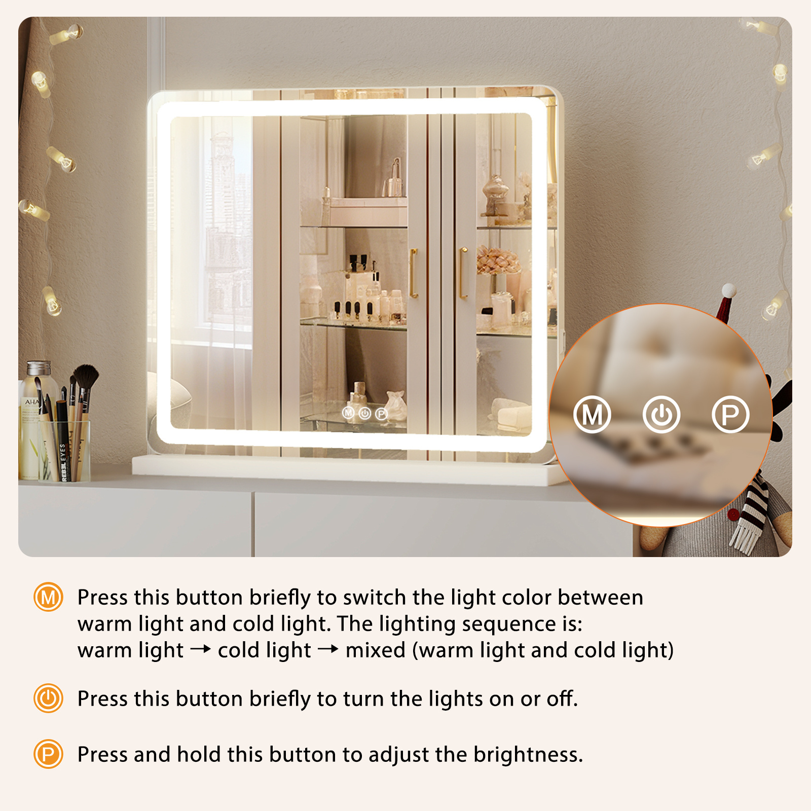 Vanity Mirror With Lights, LED Makeup Mirror With Dimmable 3 Color Modes, Touch Screen Control Vanity Based Mirror Desk Mirror Square White - Image 3