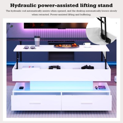 Hydraulic Lift Top Coffee Table, LED Coffee Tables With Storage For Living Room, Coffee Table With 2 Drawers & LED Light For Dining Reception Room, White - Image 2