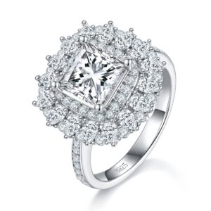 S925 Sterling Silver 2ct Princess Cut Moissanite Ring, D-VVS1 Double Halo Cluster, Platinum Plated 5.8g US Sizes 5-9, GRA Certificate Gift Box