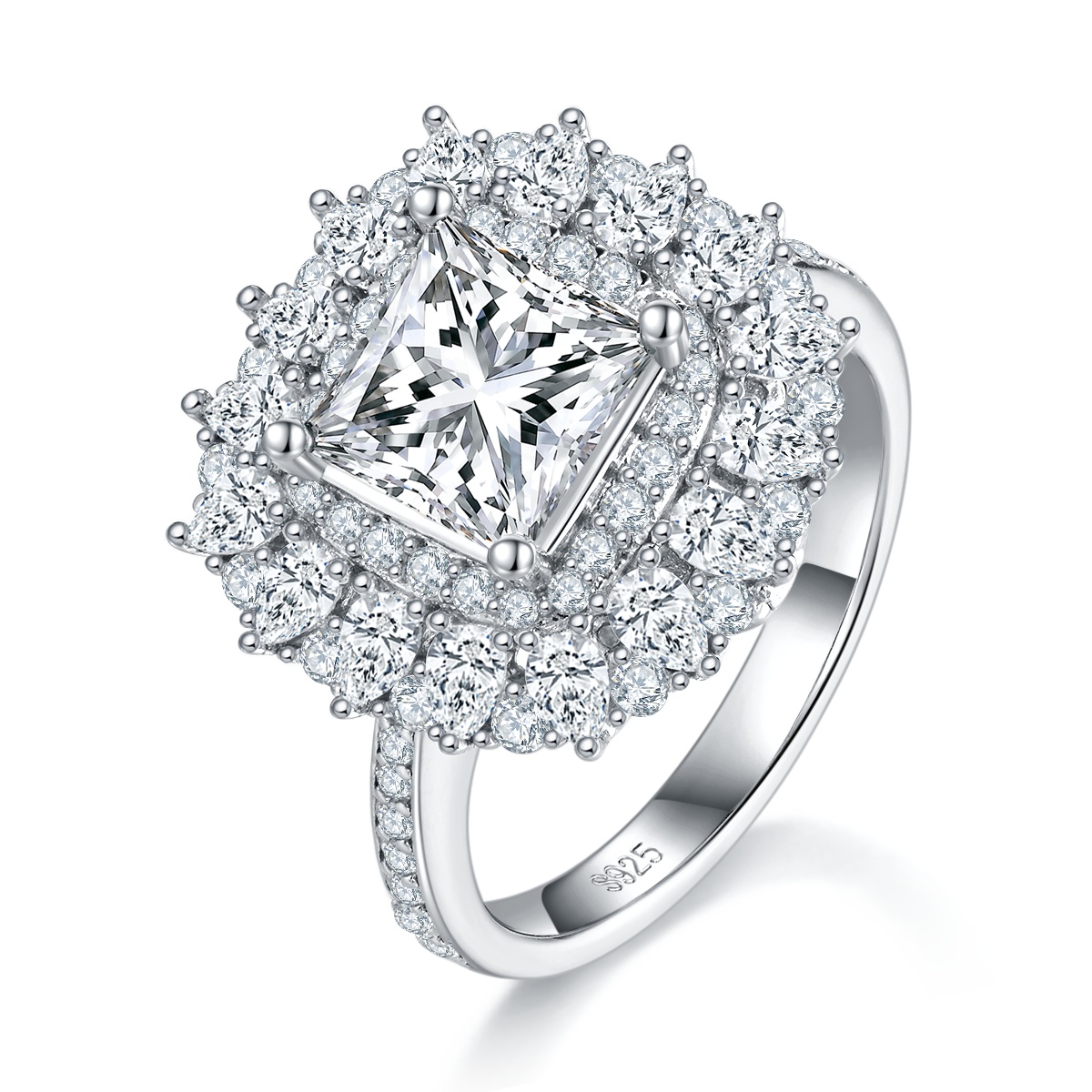 S925 Sterling Silver 2ct Princess Cut Moissanite Ring, D-VVS1 Double Halo Cluster, Platinum Plated 5.8g US Sizes 5-9, GRA Certificate Gift Box