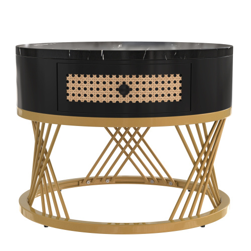 2 In 1 Round Coffee Table Made Of MDF With Marble Grain Veneer Top, Rattan Drawers And Solid Wood Handles. Gold Coloured Iron Legs. 70x70x45.5 50x50x38.5cm - Image 4