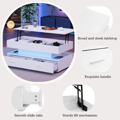 Hydraulic Lift Top Coffee Table, LED Coffee Tables With Storage For Living Room, Coffee Table With 2 Drawers & LED Light For Dining Reception Room, White - Image 3