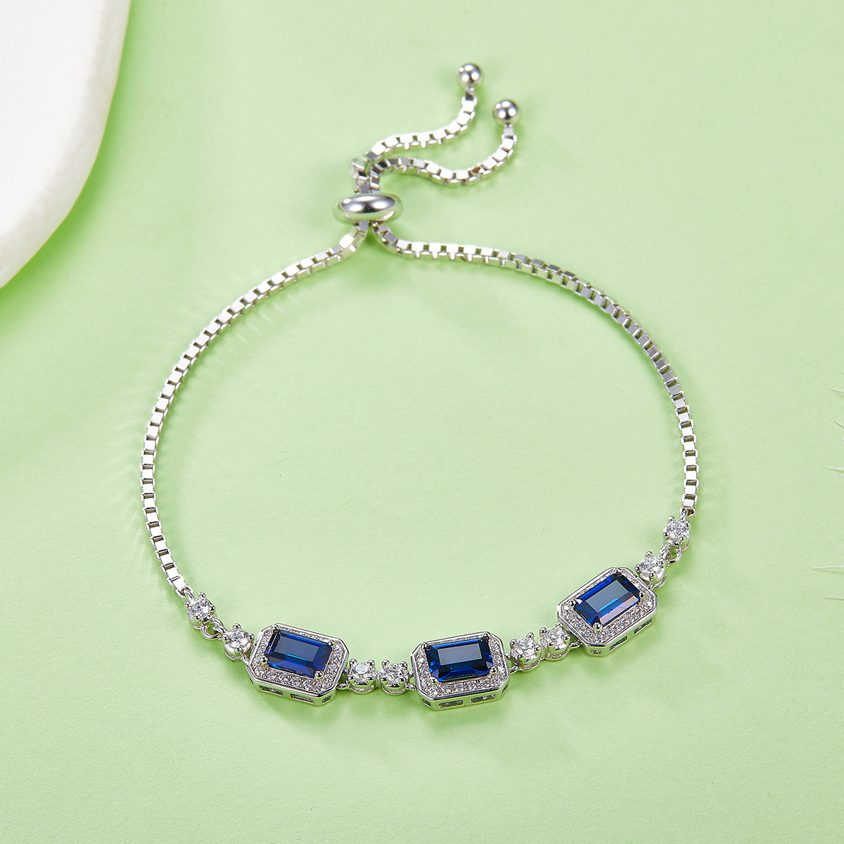S925 Sterling Silver Adjustable Bolo Bracelet, 6x4mm 3-Stone Lab-Grown Emerald Sapphire Halo, 21cm Platinum Plated 6.2g Women's Jewelry Gift Box - Image 3