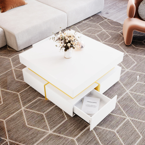 Coffee Table, High-Gloss Living Room Table, Side Table With Drawers And Gold Accents - Image 5