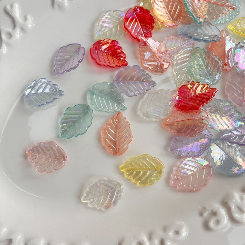 Translucent AB Plated Leaf Charms, Top-Hole Veined Acrylic Pendants With Scalloped Edges For DIY Hanfu Hairpins, Earrings & Necklace Drops. - Image 4