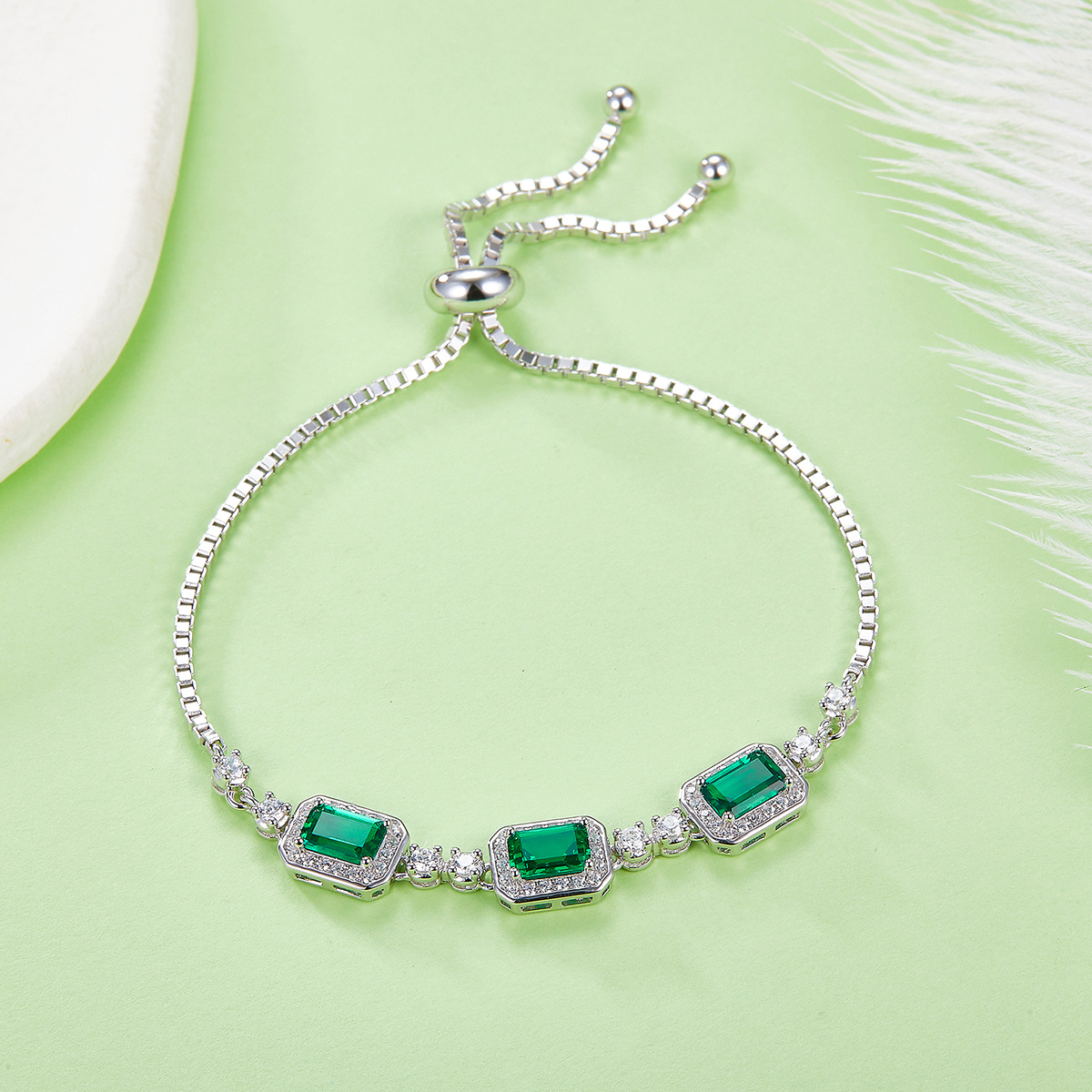 S925 Sterling Silver Adjustable Bolo Bracelet, 6x4mm 3-Stone Lab-Grown Emerald Sapphire Halo, 21cm Platinum Plated 6.2g Women's Jewelry Gift Box - Image 6