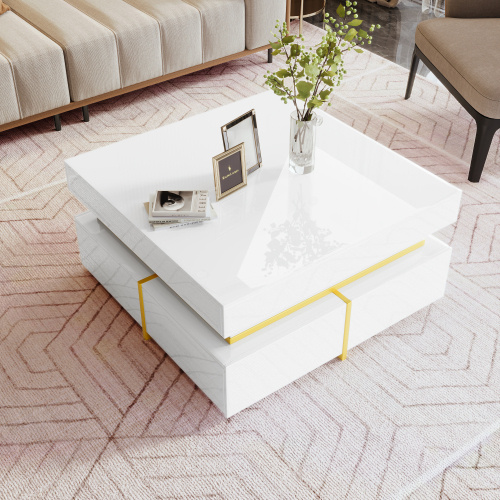 Coffee Table, High-Gloss Living Room Table, Side Table With Drawers And Gold Accents - Image 3