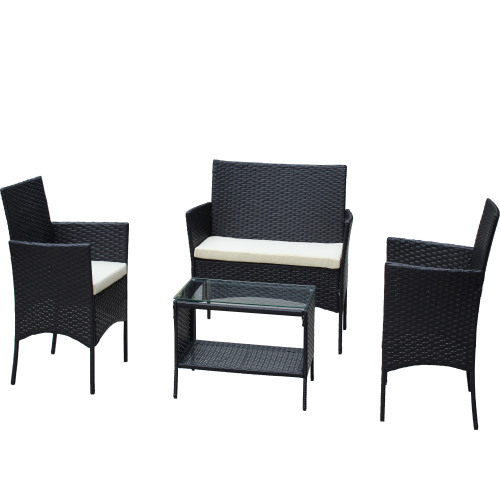 4 PC Rattan Patio Furniture Set Outdoor Patio Cushioned Seat Wicker Sofa Beige Cushion - Image 2