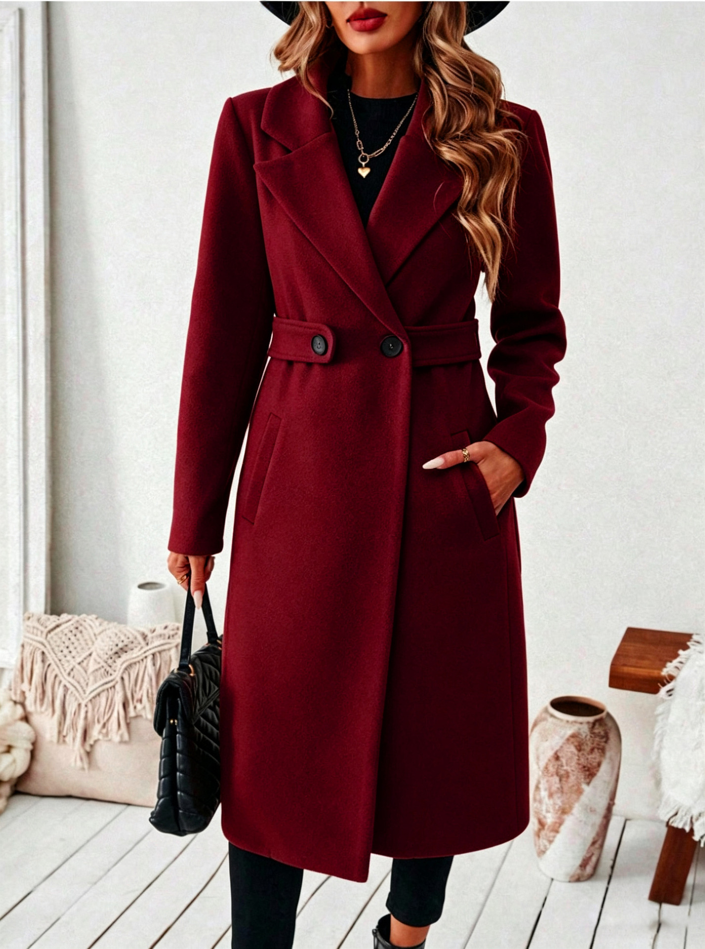 Womens Solid-color Wool Coat With A Lapel And Double-breasted Design - Image 8