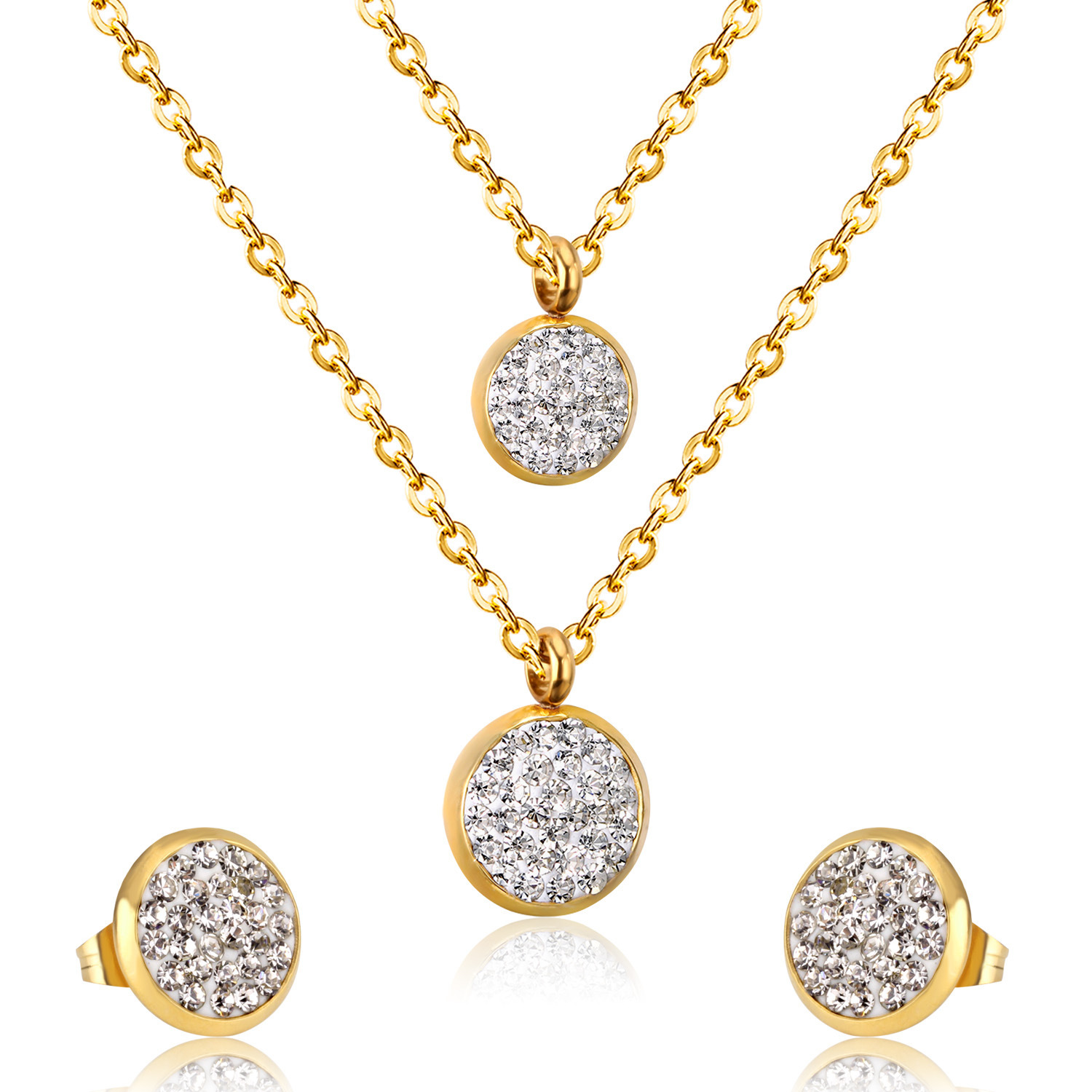 White Mud Pendant Double Chain Gold Stainless Steel Jewelry Set For Women - Image 2