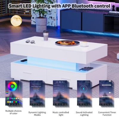 Hydraulic Lift Top Coffee Table, LED Coffee Tables With Storage For Living Room, Coffee Table With 2 Drawers & LED Light For Dining Reception Room, White - Image 4