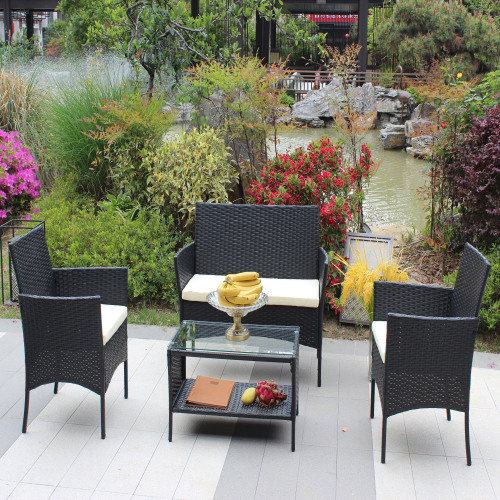 4 PC Rattan Patio Furniture Set Outdoor Patio Cushioned Seat Wicker Sofa Beige Cushion - Image 7