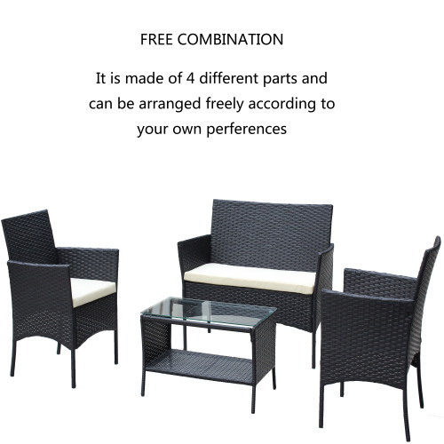 4 PC Rattan Patio Furniture Set Outdoor Patio Cushioned Seat Wicker Sofa Beige Cushion - Image 6