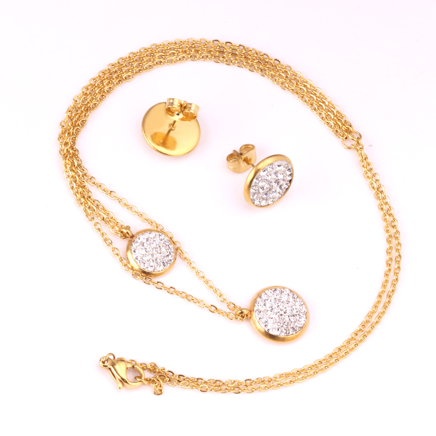 White Mud Pendant Double Chain Gold Stainless Steel Jewelry Set For Women - Image 3