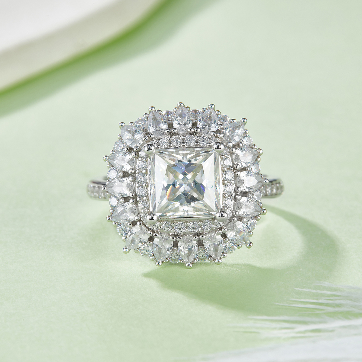 S925 Sterling Silver 2ct Princess Cut Moissanite Ring, D-VVS1 Double Halo Cluster, Platinum Plated 5.8g US Sizes 5-9, GRA Certificate Gift Box - Image 2
