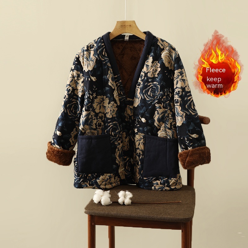 Floral Jacket Ethnic Print Fleece-lined Thickened Cotton-padded Coat Plus Size Women's Clothing - Image 2