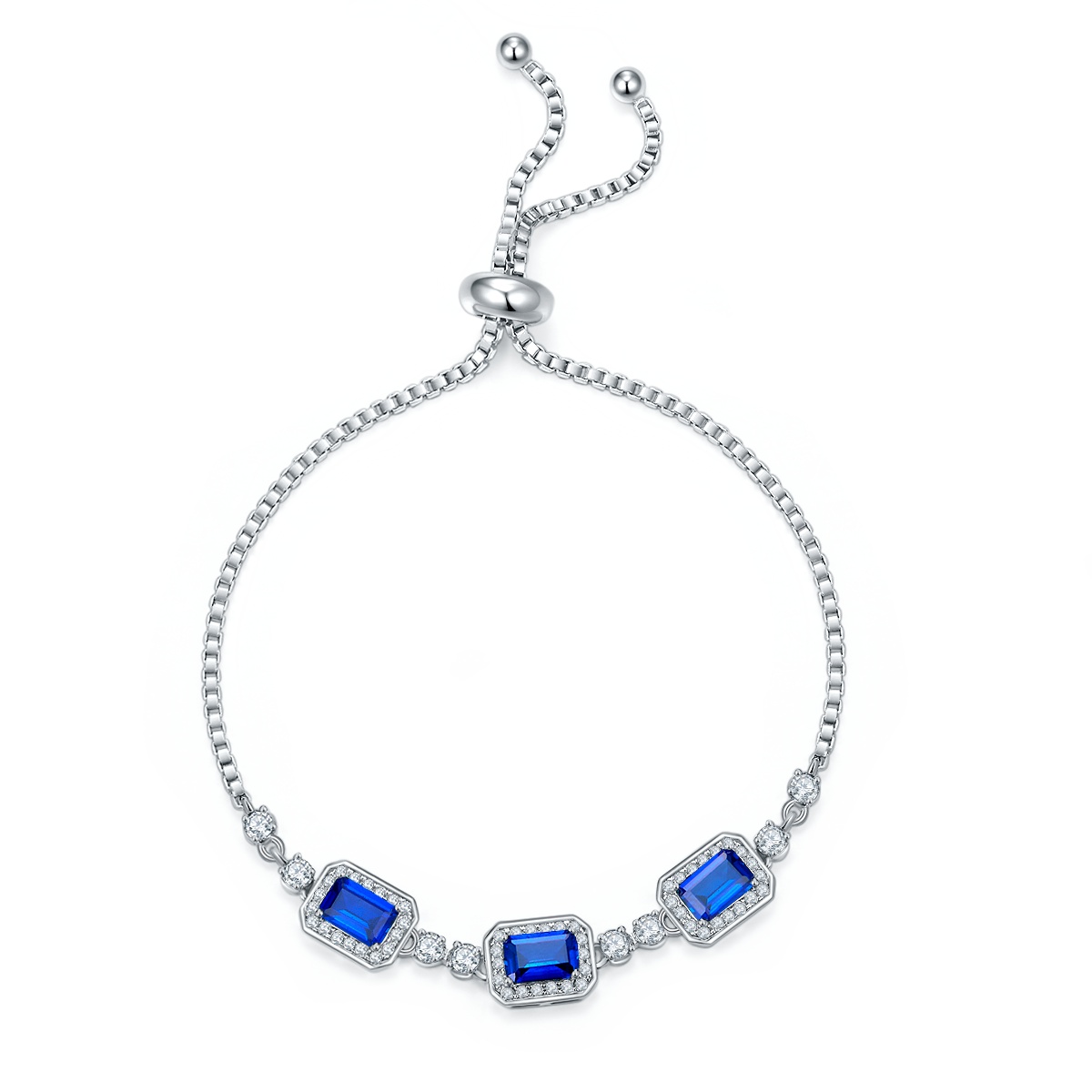 S925 Sterling Silver Adjustable Bolo Bracelet, 6x4mm 3-Stone Lab-Grown Emerald Sapphire Halo, 21cm Platinum Plated 6.2g Women's Jewelry Gift Box - Image 4