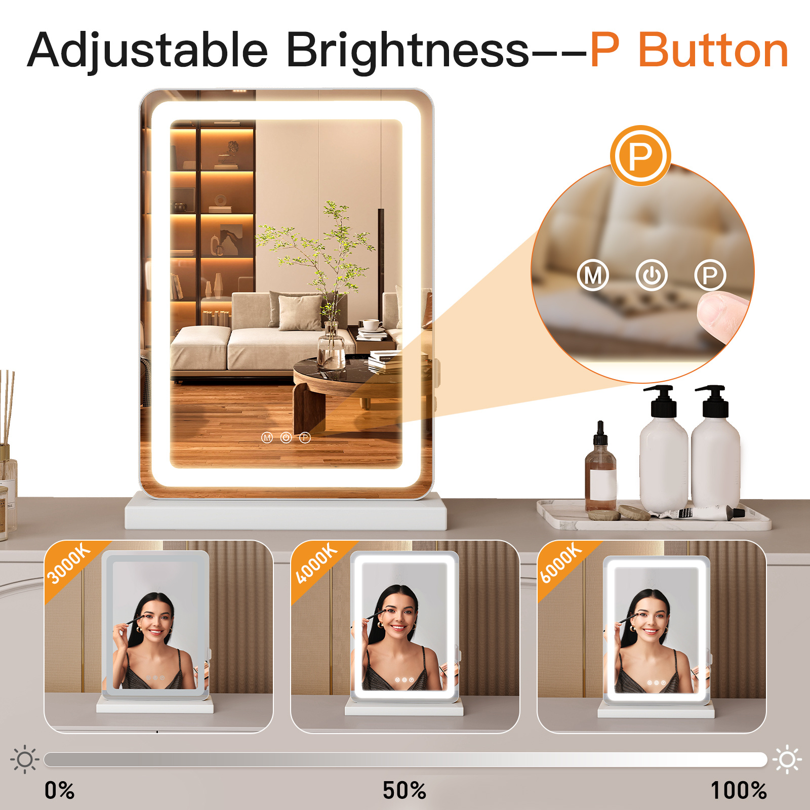 Vanity Mirror With Lights, LED Makeup Mirror With Dimmable 3 Color Modes, Touch Screen Control Vanity Based Mirror Desk Mirror Square White - Image 2
