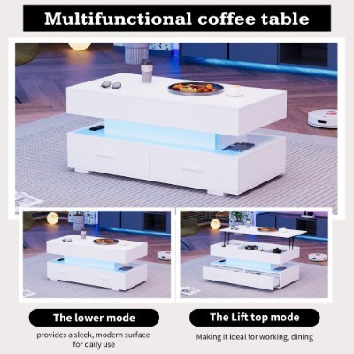 Hydraulic Lift Top Coffee Table, LED Coffee Tables With Storage For Living Room, Coffee Table With 2 Drawers & LED Light For Dining Reception Room, White - Image 6