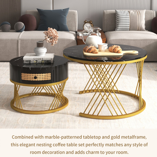 2 In 1 Round Coffee Table Made Of MDF With Marble Grain Veneer Top, Rattan Drawers And Solid Wood Handles. Gold Coloured Iron Legs. 70x70x45.5 50x50x38.5cm - Image 10