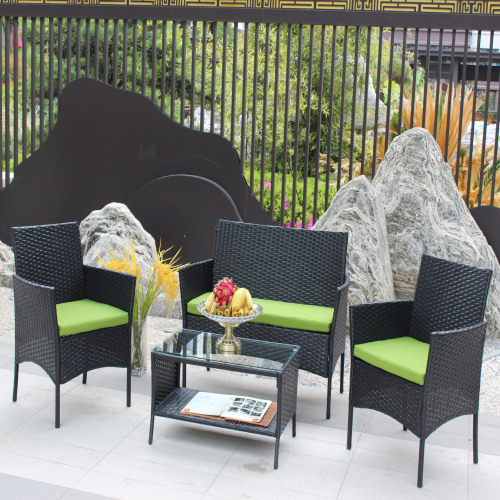 4 PC Rattan Patio Furniture Set Outdoor Patio Cushioned Seat Wicker Sofa Green Cushion - Image 8