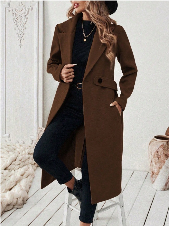 Womens Solid-color Wool Coat With A Lapel And Double-breasted Design - Image 4