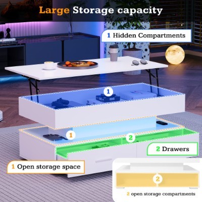 Hydraulic Lift Top Coffee Table, LED Coffee Tables With Storage For Living Room, Coffee Table With 2 Drawers & LED Light For Dining Reception Room, White - Image 7