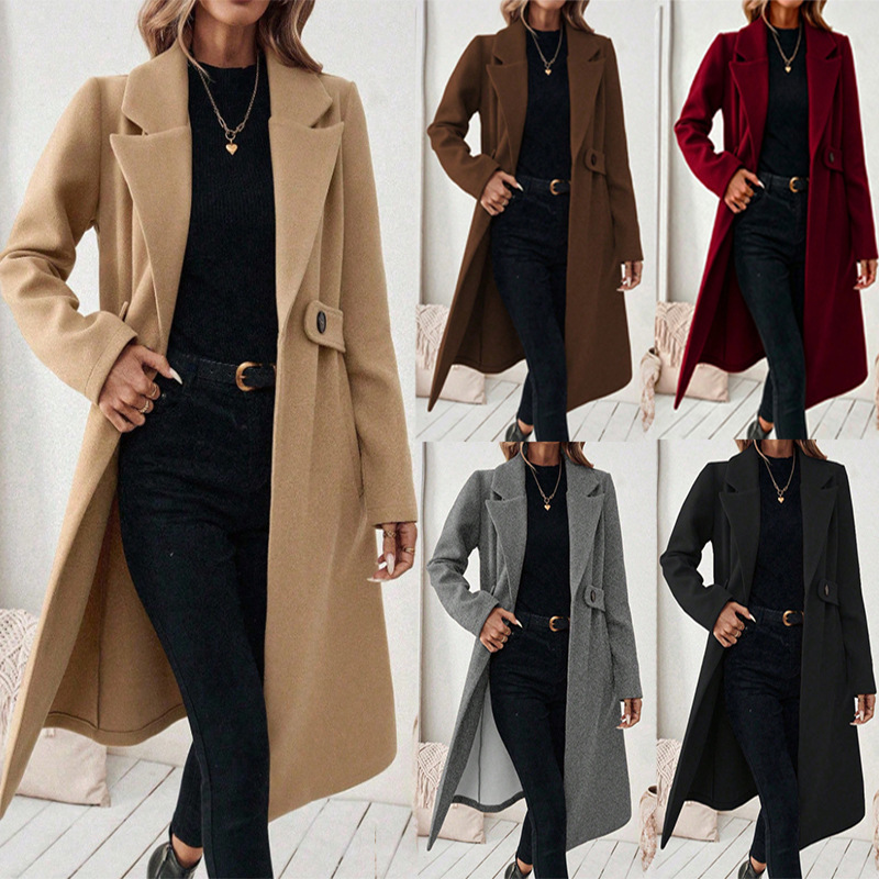 Womens Solid-color Wool Coat With A Lapel And Double-breasted Design