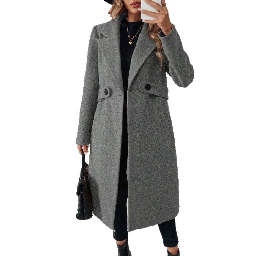 Womens Solid-color Wool Coat With A Lapel And Double-breasted Design - Image 2