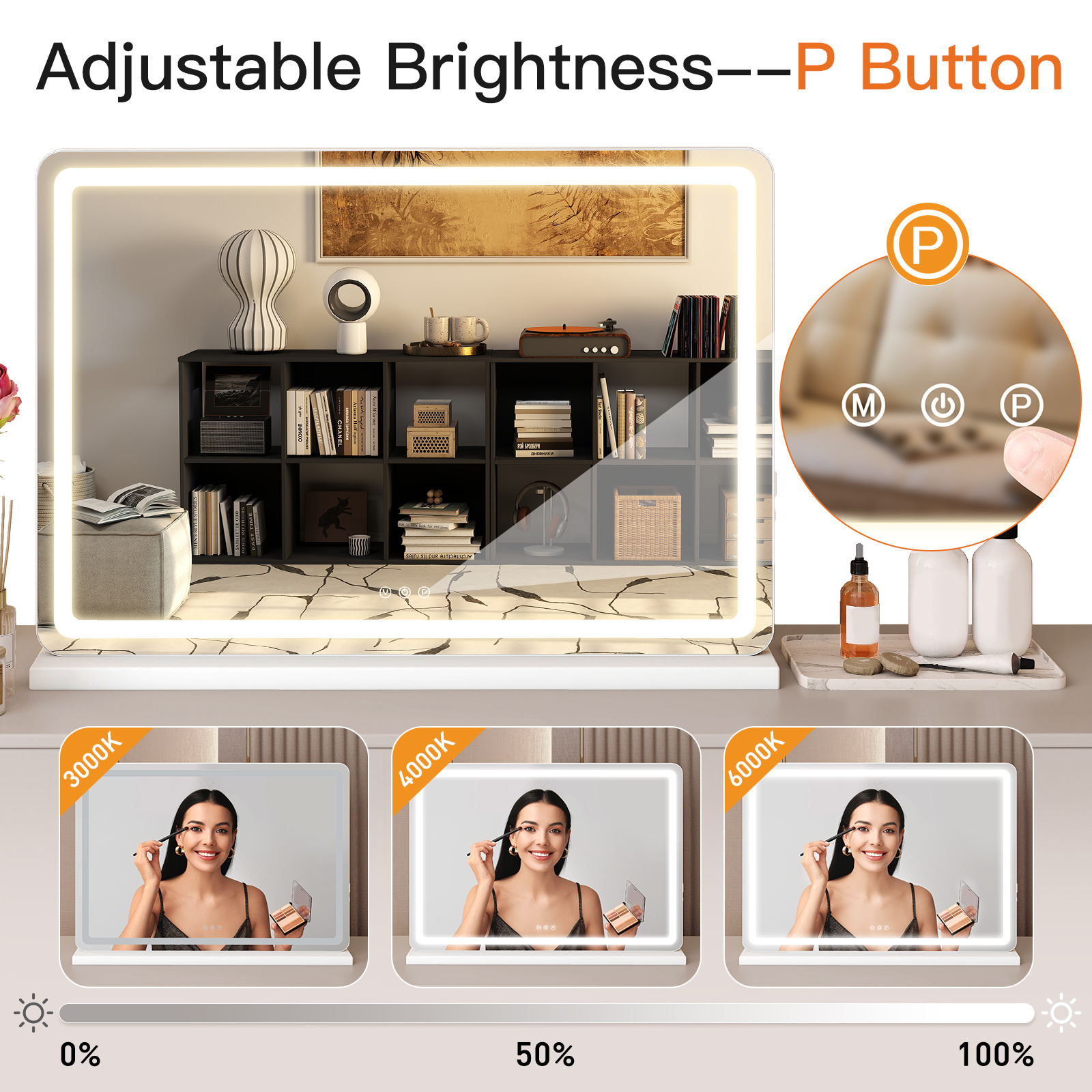 Vanity Mirror With Lights, LED Makeup Mirror With Dimmable 3 Color Modes, Touch Screen Control Vanity Based Mirror Desk Mirror Square White - Image 8