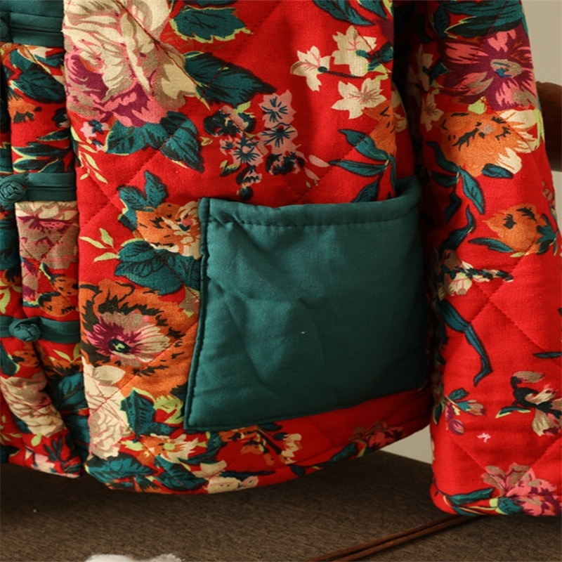 Floral Jacket Ethnic Print Fleece-lined Thickened Cotton-padded Coat Plus Size Women's Clothing - Image 4
