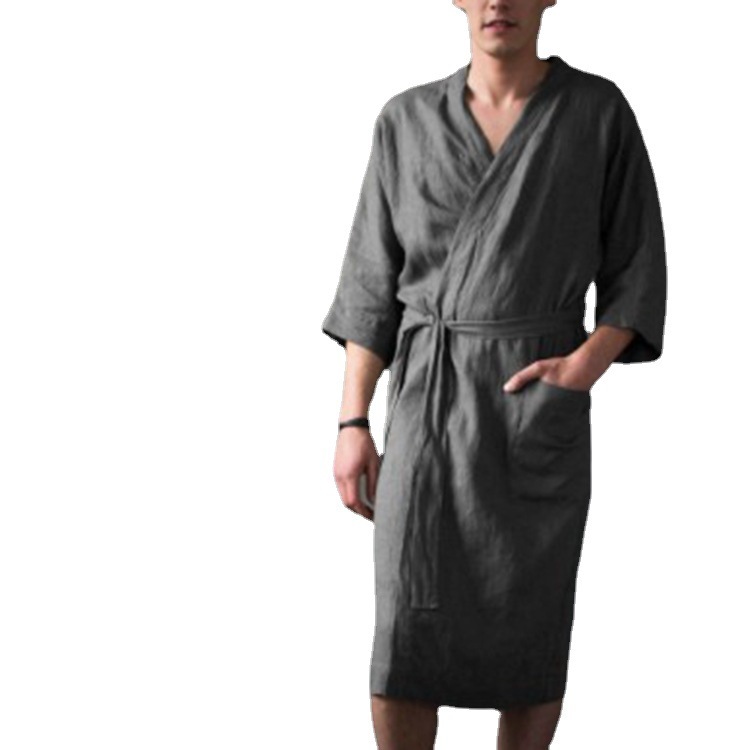 Men's And Women's Long Solid Color Linen Pajamas Robe Bathrobe - Image 4