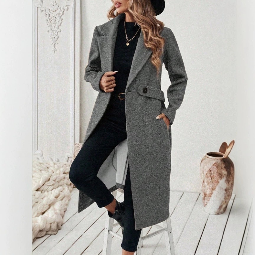 Womens Solid-color Wool Coat With A Lapel And Double-breasted Design - Image 5